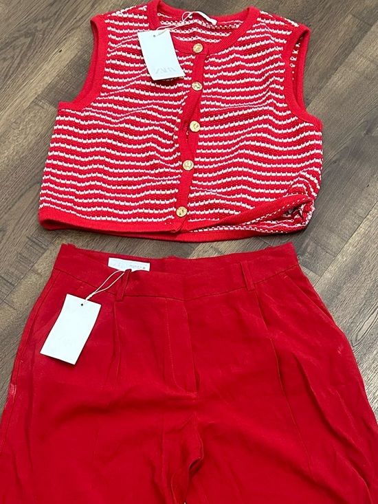 Zara Pants - Zara Red High-Waist Wide-Leg Trousers and knit vest